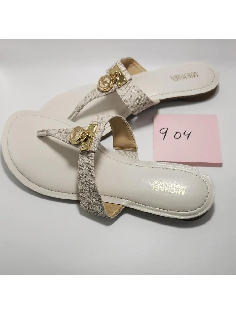 Michael Kors Women's Logo Thong Sandals Beige Gold MK Charm Slip-On 7.5 - Picture 2 of 4